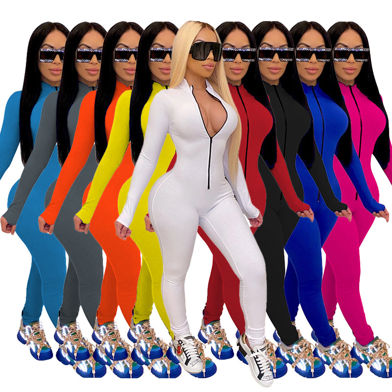 Neue Workout Active Wear Einfarbig Strampler Frauen Overall Sportliche Langarm Fitness Clubwear Zipper Party Overalls Bodycon