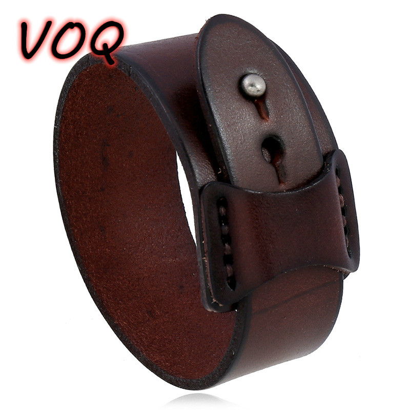 VOQ Desain Geometris Punk Hitam dengan Kulit Asli Cokelat Gelang Manset Gelang untuk Perhiasan Uniseks Hadiah Kreatif Pulseras