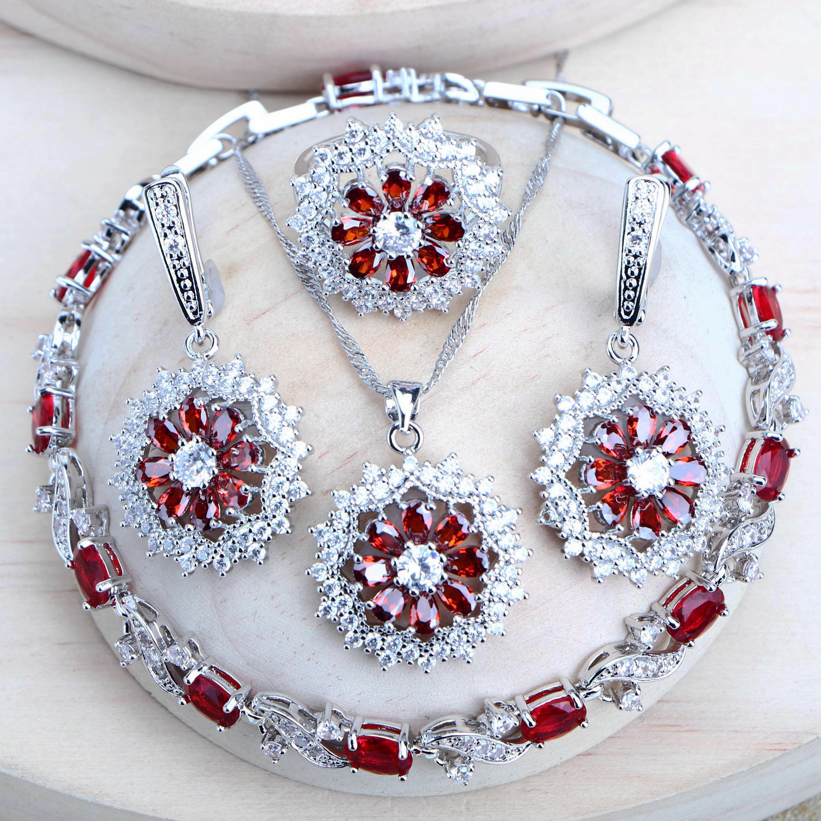 Perak 925 Bridal Perhiasan Set Cubic Zirconia Perhiasan Kostum Pernikahan Cincin Anting-Anting Liontin Gelang Kalung untuk Wanita