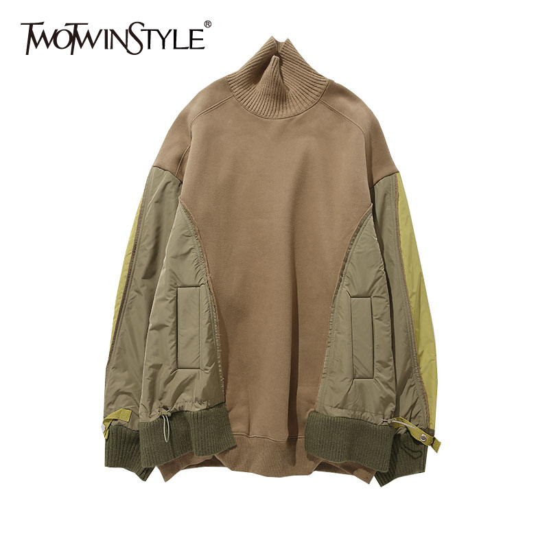 TWOTWINSTYLE-Sudadera informal de manga larga para mujer, Tops holgados de retazos de Color, cuello alto, moda femenina, nuevo estilo de ropa