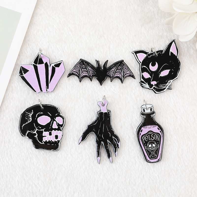12 Stücke Halloween Charms Schwarz Punk Hexen Handwerk Schädel Hand Katze Fledermaus Kristall Acryl Schmuck Erkenntnisse Für Ohrring Halskette Diy