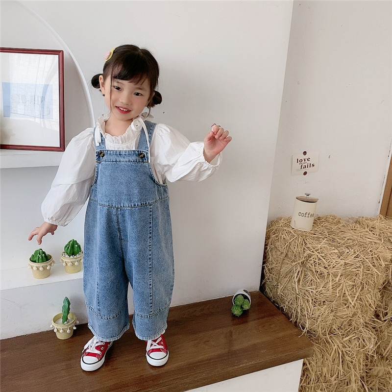 Phong Cách Hàn Quốc Mùa Xuân Trẻ Em Quá Khổ Rộng Chân Quần Yếm Denim Quần Áo Bé Trai Bé Gái Rời Tất Cả Các Trận Đấu Quần Âu