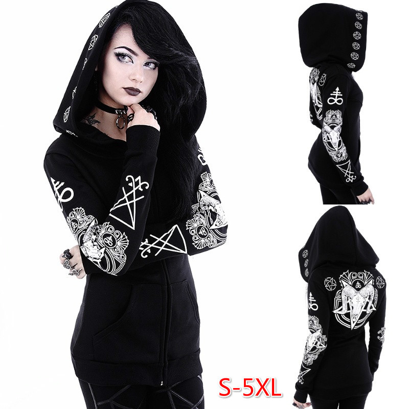 Modetrend Frauen Winter unregelmäßigen schwarzen Punk Kapuzen mantel Schafs kopf Mond bedruckten Pullover