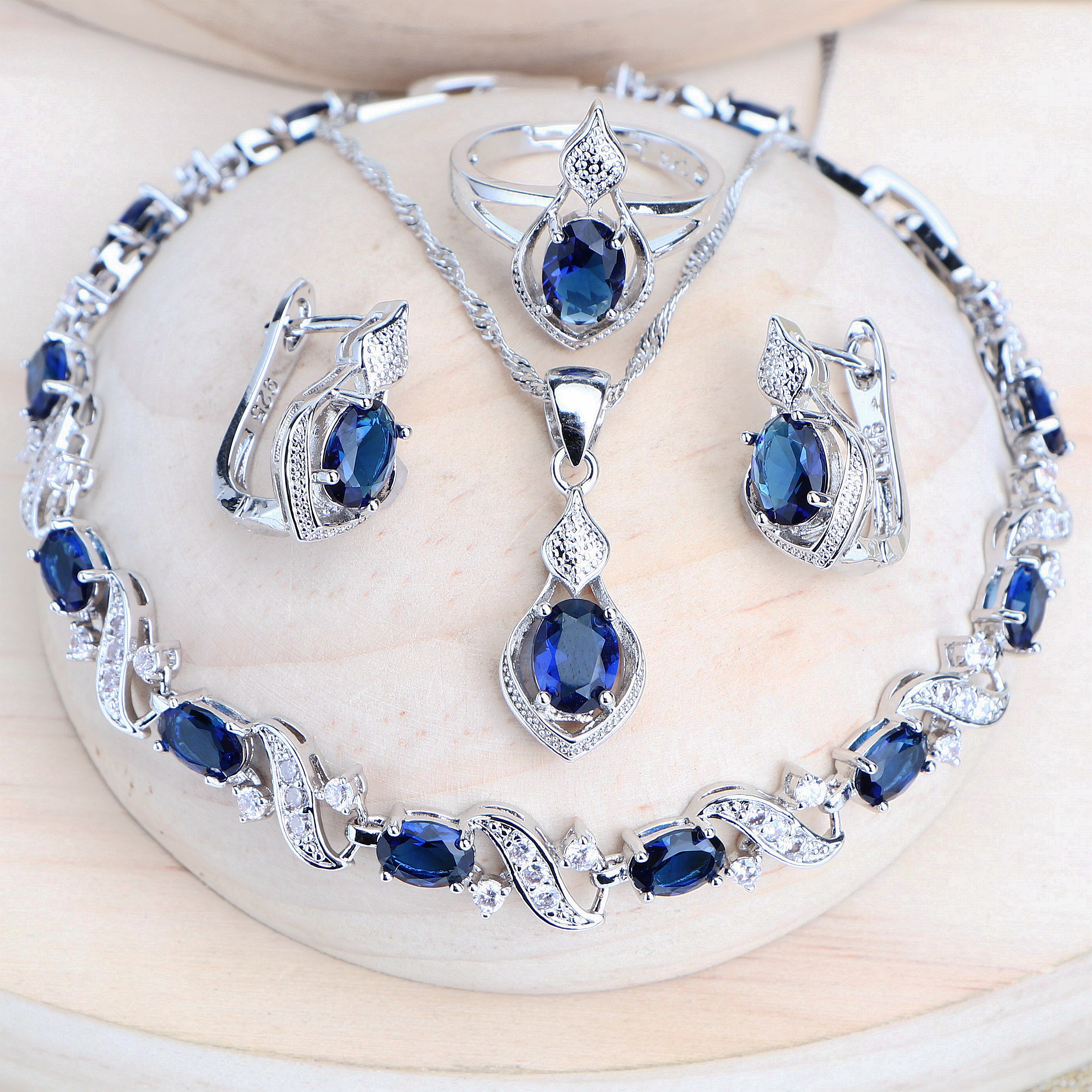 Ensemble de bijoux de mariée en argent 925 pour femmes, bijoux fantaisie en zircone cubique bleue, boucles d'oreilles, bagues, Bracelets, pendentif, collier