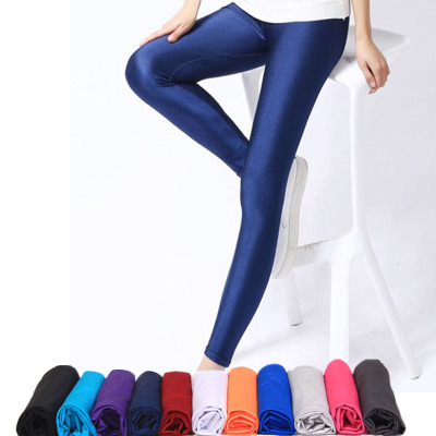 Pantalones brillantes para mujer, mallas superventas, Color sólido, LICRA fluorescente, pantalones informales elásticos, Legging brillante