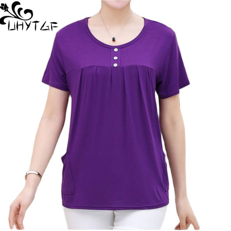 UHYTGF Mittleren Alters Frauen T-Shirt O Hals Kurzarm Casual Mutter Sommer T-Shirt Elastischer Baumwolle Dünne Große Größe Tops blusen 2161