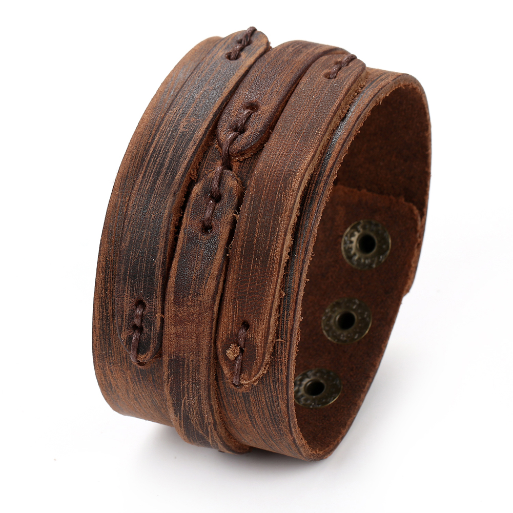 แนวโน้มเครื่องประดับ Vintage Handmade สานเรียบสร้อยข้อมือหนังแท้ผู้ชายส่วนบุคคล Cuff สร้อยข้อมือหนังกว้าง cuir homme