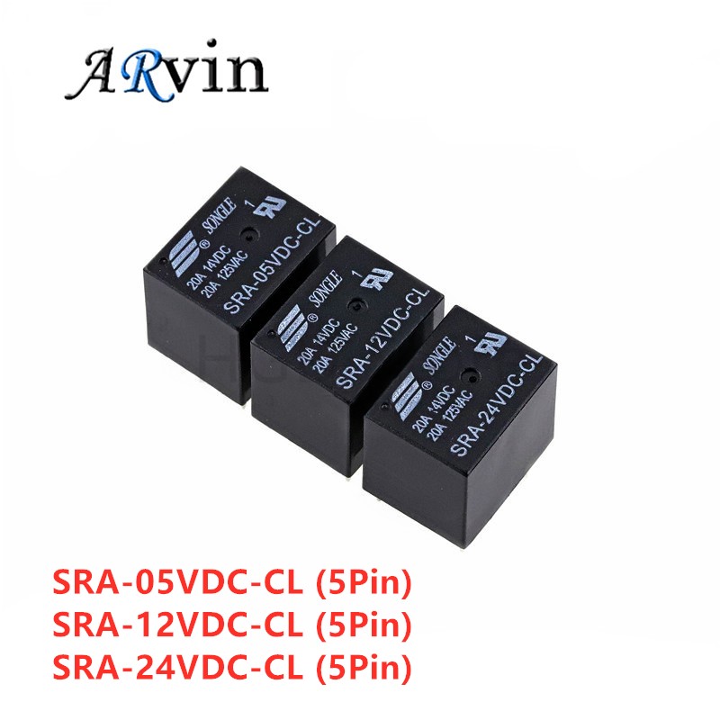5 uds 5V 12V 24V 20A relé de potencia CC SRA-05VDC-CL SRA-12VDC-CL SRA-24VDC-CL 5 pines tipo PCB en Stock relé de automóvil negro