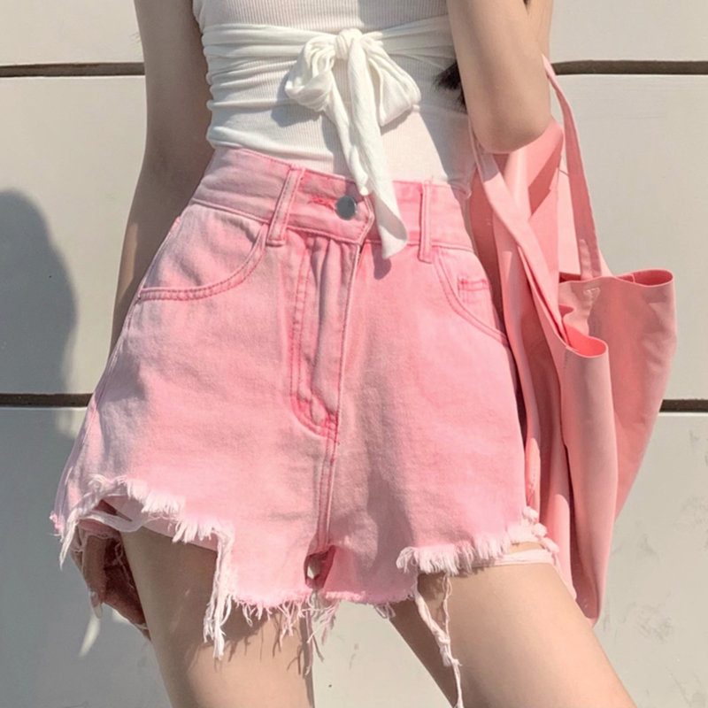 QOERLIN pantalones cortos de mezclilla rosa para mujer, pantalones cortos rasgados de cintura alta para mujer, pantalones calientes de playa de verano, ropa de calle elegante