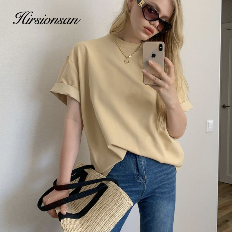 Hirsionsan Casual Katoen Basic T-shirt Vrouwen Zachte Oversized Effen Kleur Vrouwelijke Tees Harajuku Elegante Dames Zomer Tops Groen