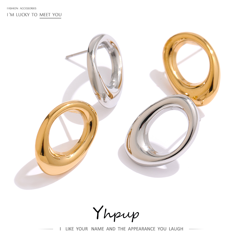 Yhpup สแตนเลสรอบ Hollow STUD ต่างหู Minimalist โลหะกันน้ําผิดปกติต่างหูเครื่องประดับ Bijoux Femme ของขวัญใหม่