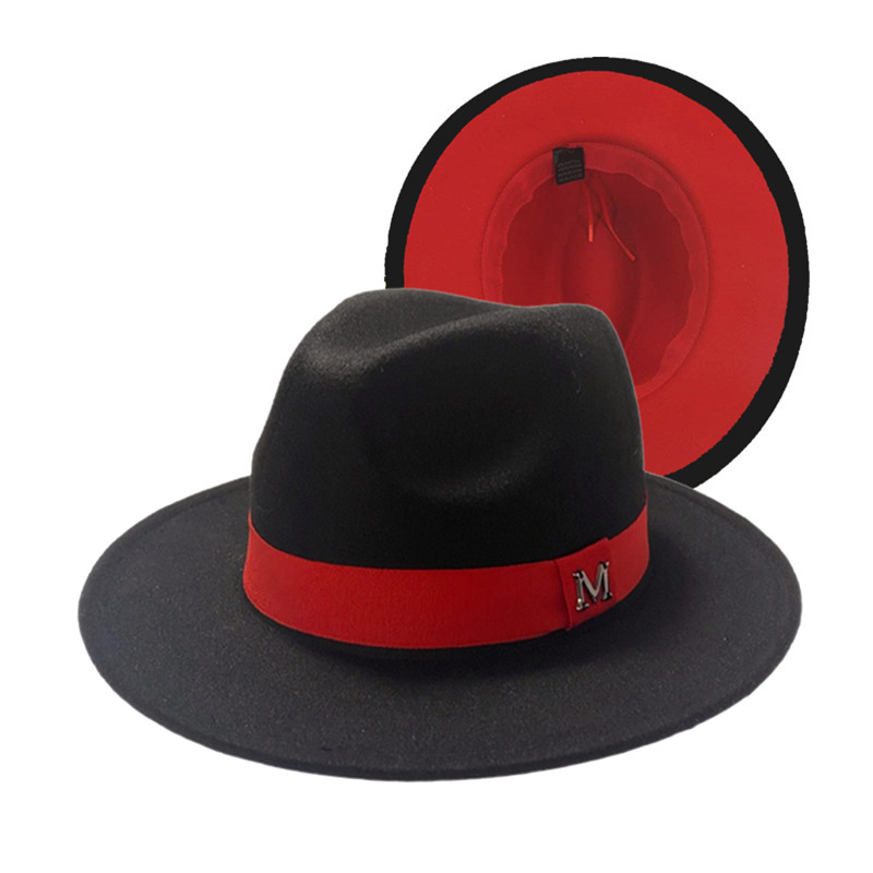 Modieuze jazz fedora hoeden van zwart buiten- en rood binnen-vilt met dunne riemgesp, voor mannen en vrouwen, brede rand, Panama trilby pet 56-58CM