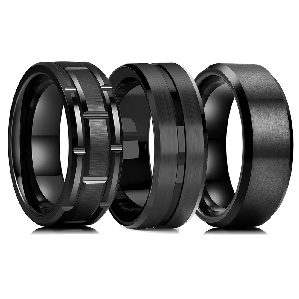 2023 Trendy Heren 8 Mm Zwart Titanium Wedding Band Ringen Dubbele Zwarte Groef Afgeschuinde Rand Rvs Verlovingsring Voor mannen