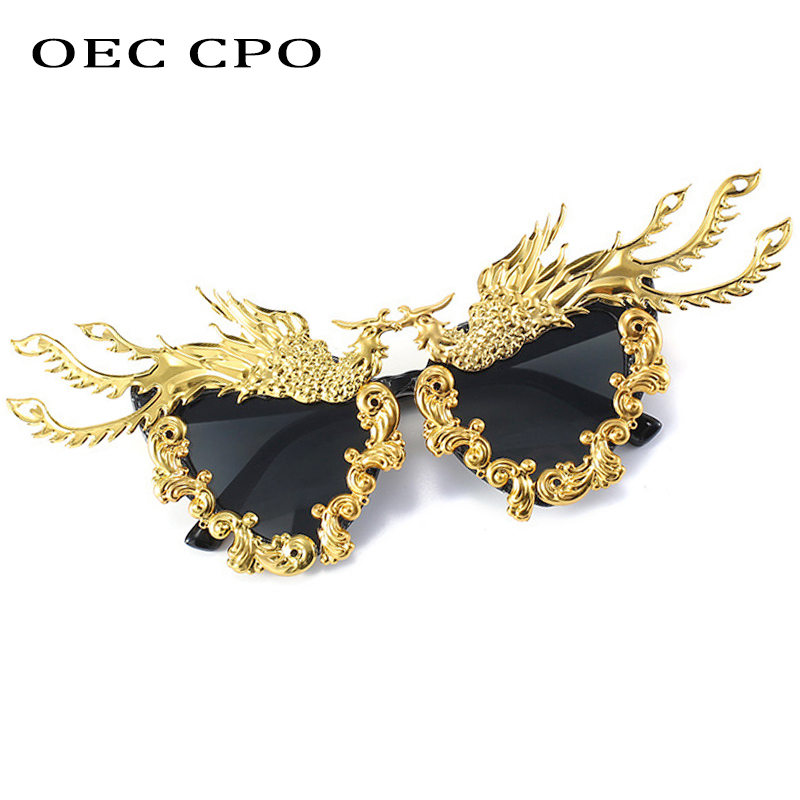 OEC CPO Модные солнцезащитные очки для вечерние с драконом и Фениксом женские новые уникальные красочные золотые солнцезащитные очки в стиле панк женские очки O992
