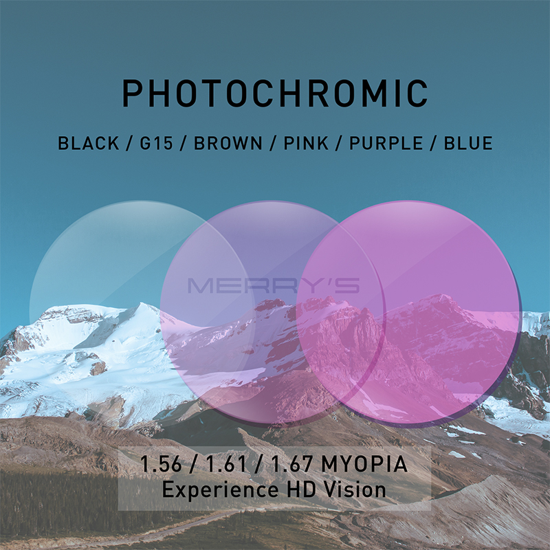 MERRYS Photochromic Abu-abu Hijau Coklat Merah Muda Ungu Biru Seri 1.56 1.61 1.67 Kacamata Resep Lensa untuk Miopia Hyperopia