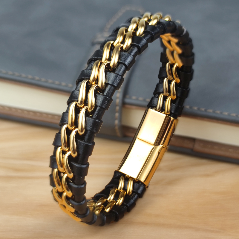 Pulsera de Cadena de Cuero Genuino para Hombre con Cierre Magnético de Acero Inoxidable en Oro Plateado, Joyería Exclusiva, Regalo, Opción de Venta al Por Mayor