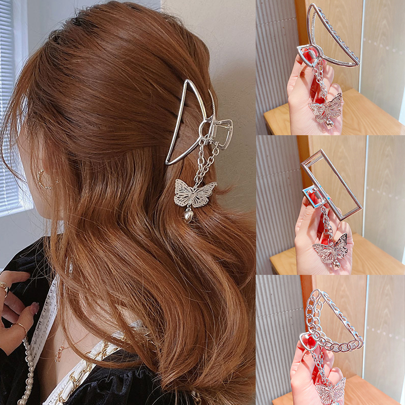 2026 Retro Butterfly Pendant Hair Claw For Women Crab Sliver Trendy Hollow Out Geometric Hair Clips Metal Chain Hair Accessories