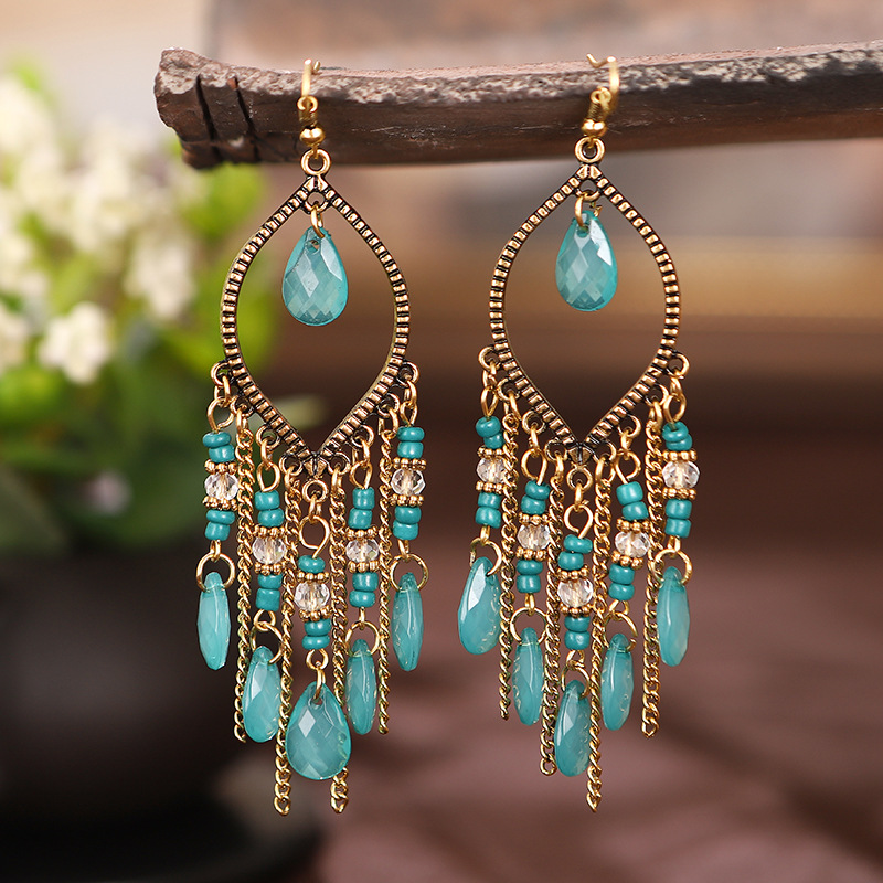 Boucles d'oreilles bohèmes en or antique pour femmes, longues boucles d'oreilles à pampilles goutte d'eau, goutte géométrique colorée, bijoux vintage