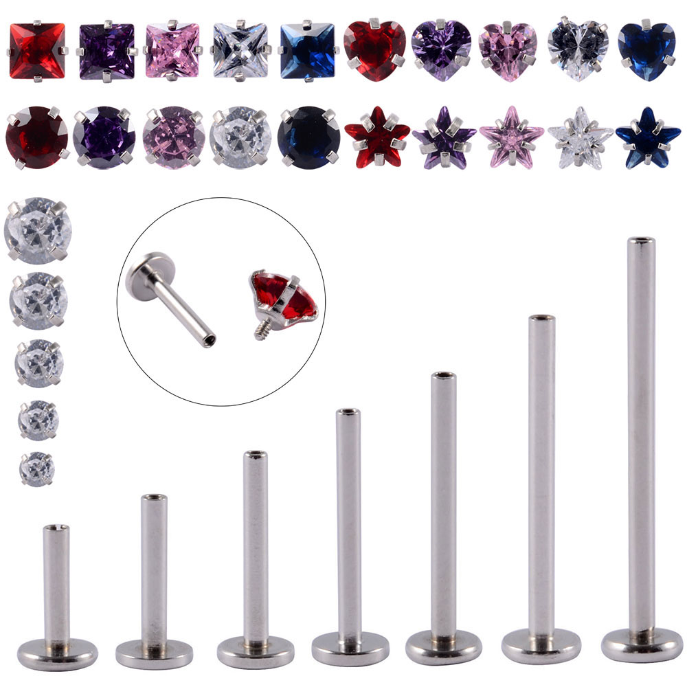 10 Buah Baja Bedah Internal Berulir Batang Bibir 16G Zirkon Komponen Atas untuk Labret Prong Zirkon Telinga Tragus Helix Tindik Telinga