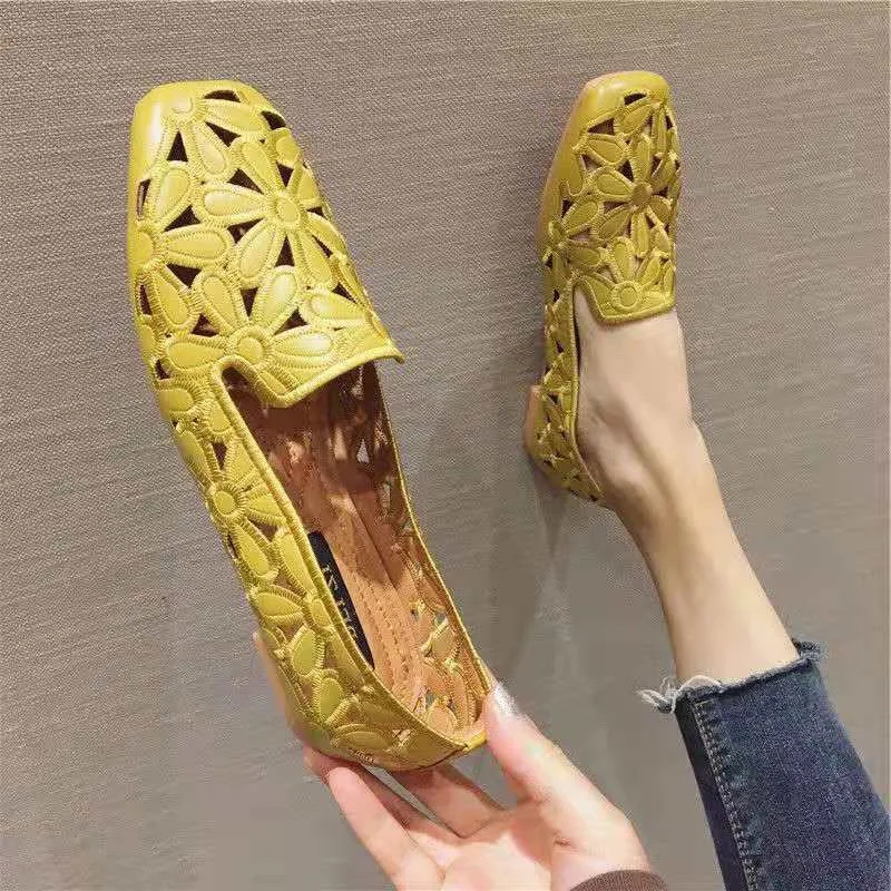 Tamanho 35-42 dedo do pé quadrado sapatos de verão para mulheres bordados sapatos de designer macio slipon mocassins lazer feminino ballet apartamentos