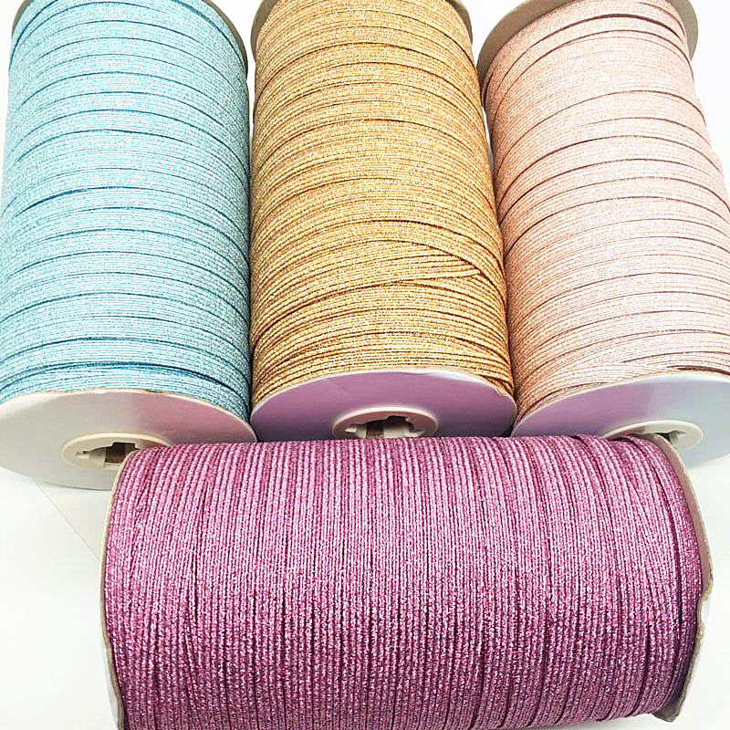 1 rollo de 6mm Gliiter oro plata rosa colorido elástico costura banda elástica Fiat banda de goma cintura cuerda elástica cinta elástica