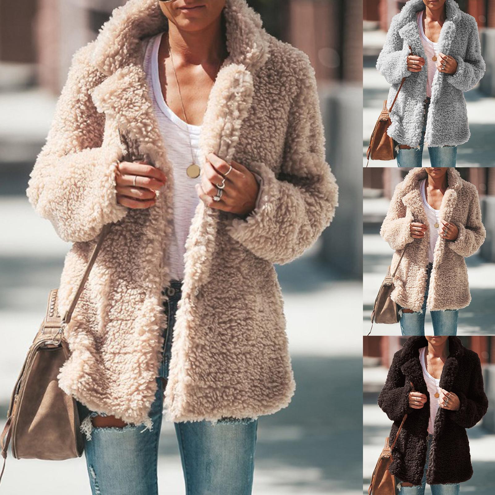 คอปกแขนยาวPlush Fluffy Faux Fur Coats 2020 ผู้หญิงฤดูหนาวเปิดด้านหน้ายาวแจ็คเก็ตWarm Outwear Casualเสื้อสเวตเตอร์ถัก