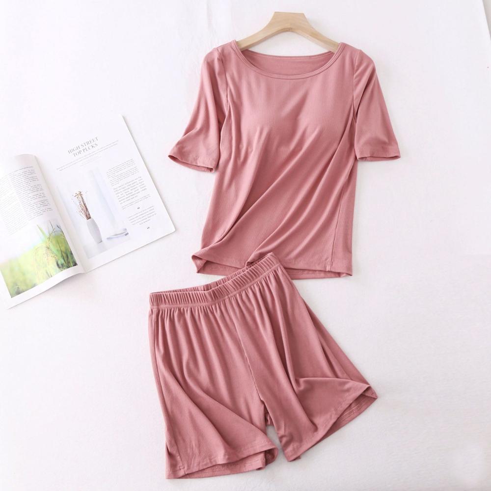 Novo modal fino pijamas feminino verão de manga curta calças curtas terno com almofada no peito copo casual estiramento solto roupas para casa