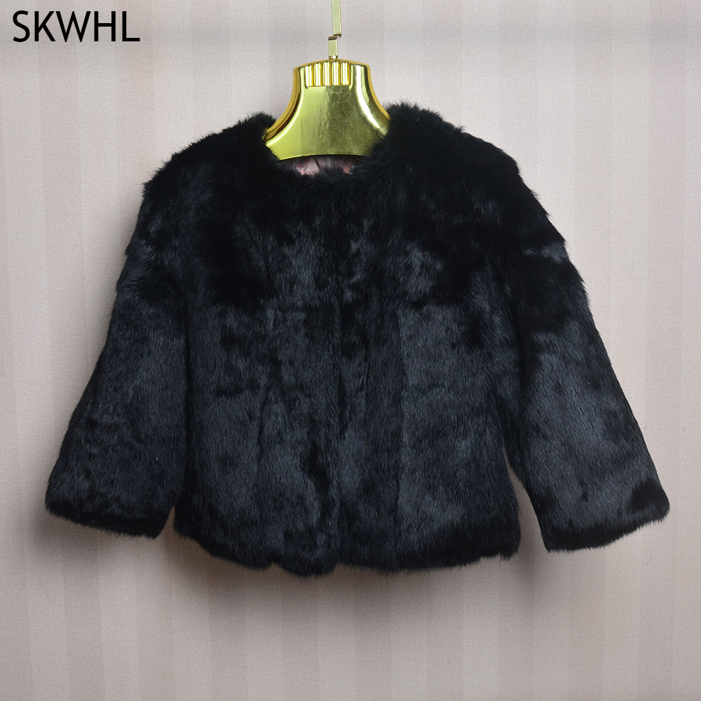 Chaqueta de piel auténtica de piel completa, abrigo de piel de conejo de diseño para mujer, abrigo de piel al por mayor Natural, abrigo de piel de conejo fino y delgado a la moda con cuello redondo