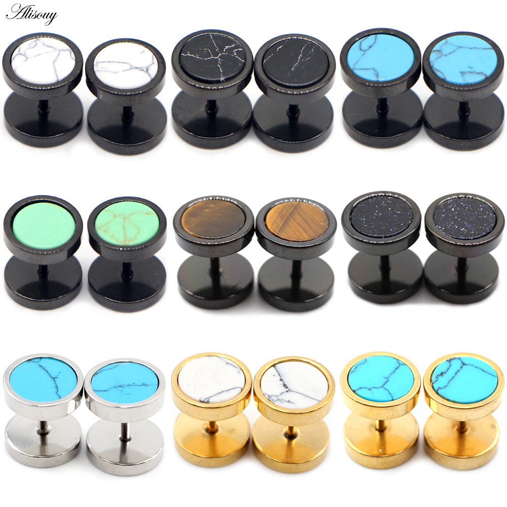 Alisouy 2 pièces en acier inoxydable Double face pierre ronde haltère hommes femmes vis clou haltère Piercing boucles d'oreilles faux bouchon d'oreille