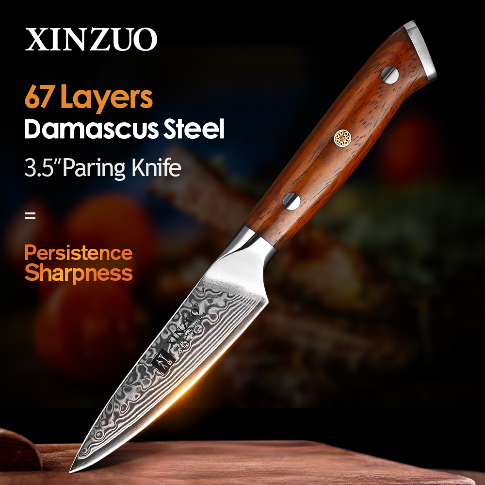 XINZUO-cuchillo de pelar de acero damasco hecho a mano, herramienta de cocina con mango de palisandro, tallado japonés, 3,5 pulgadas