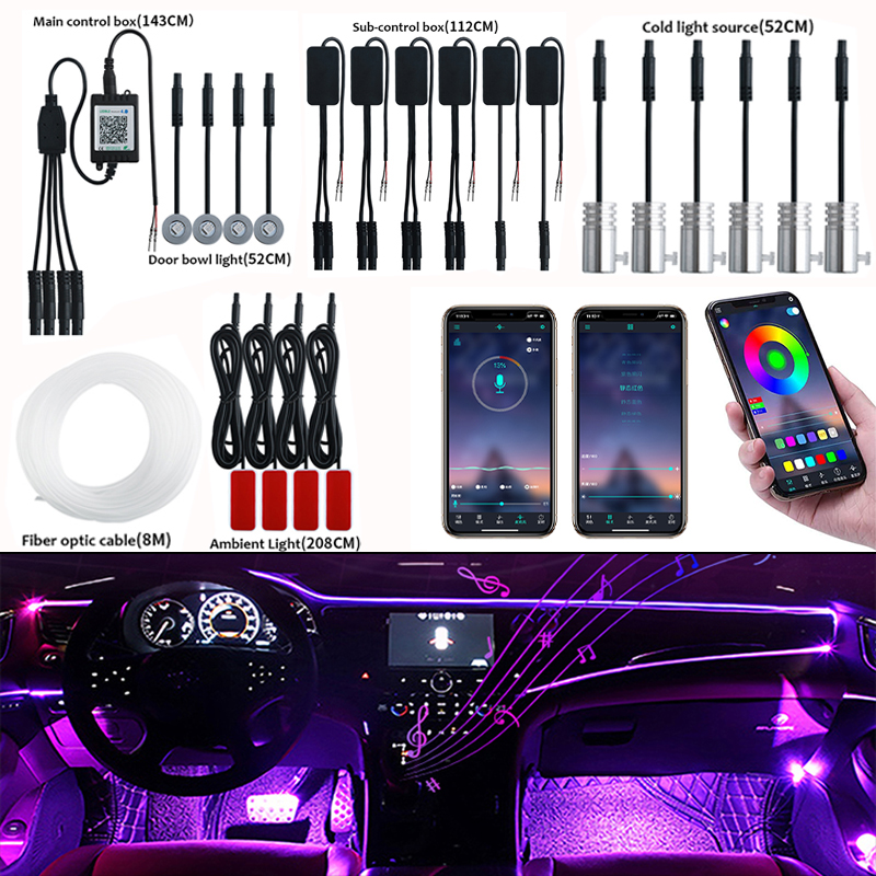 Lampe d'ambiance 9 en 1 pour voiture, bande lumineuse néon en Fiber optique, contrôle sonore via application USB, pour intérieur de véhicule, 12V