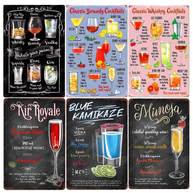 Metal Tin Signs for Home Decoration, Classic Cocktails, Moscow Mule, Vintage Bar Signs, Gin Whisky Vodka Tequila, Wall Art Sign