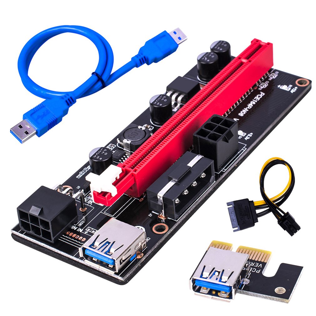 PCI-E Riser 009S 1X 16x Perpanjangan PCI E USB Riser 009S Ganda 6Pin Kartu Adaptor SATA 15pin untuk BTC USB 3.0 Kartu Grafis