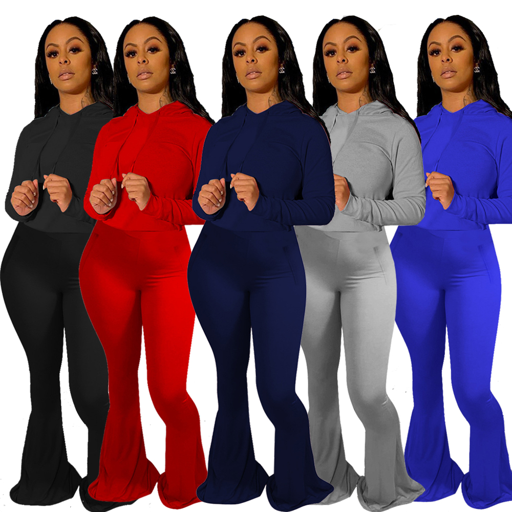 Novo conjunto de roupa ativa das mulheres com capuz topos perna larga flare bell bottom calças terno treino esporte duas peças conjunto roupas de fitness