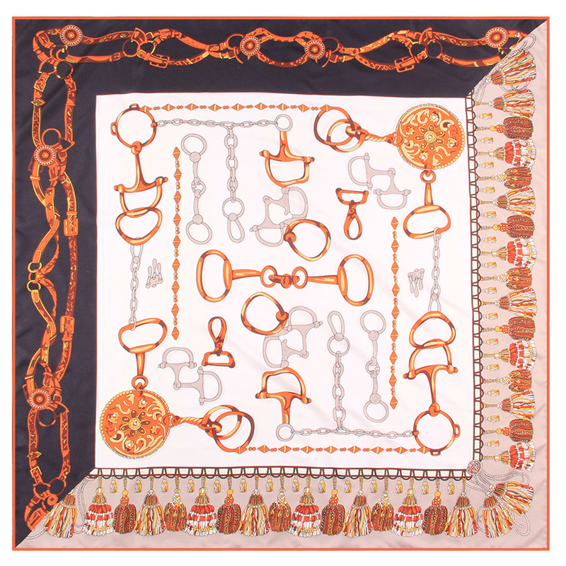 Ręcznie walcowane Twill jedwabny szalik kobiety Tassel Chain kwadratowe szale z nadrukiem okłady Echarpe zwinięte Foulards Femme Bandana Hijabs
