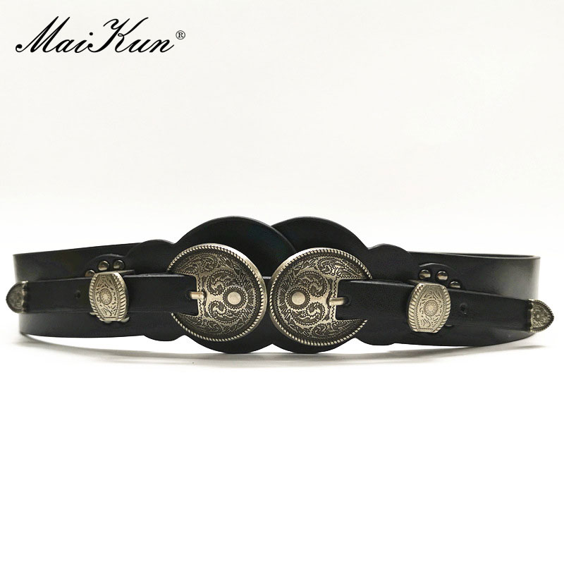 Maikun Women's Double Buckle PU Belt Vintage Carved Decorative All-Match Female Belt