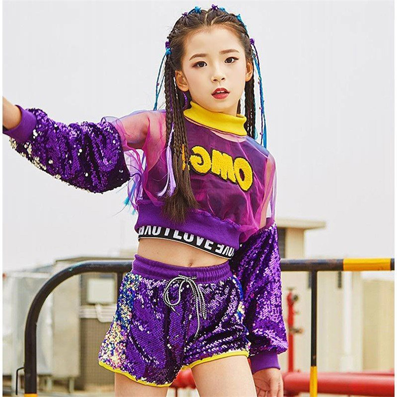 3pcs 세트 소녀 재즈 댄스 의상 어린이 거리 힙합 댄스 소녀 재즈 무대 스팽글 소녀 재즈 댄스 의상 소녀를위한