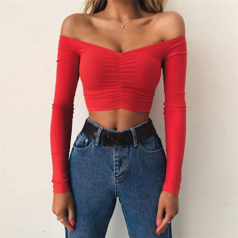 Top corto con hombros descubiertos para mujer, camiseta de manga larga con cuello en V, camiseta elegante para fiesta y Club, ropa de calle para mujer