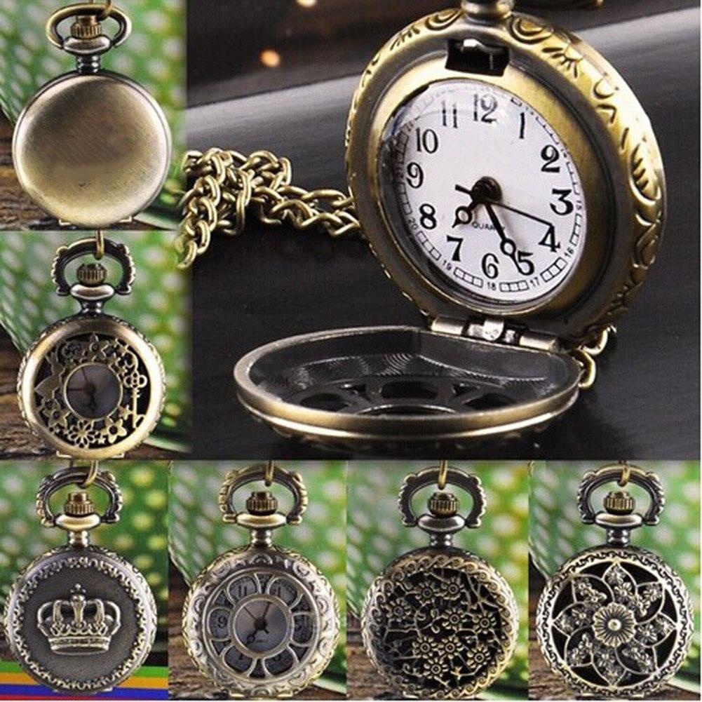 Unisex Vintage Hohle Krone Bronze Quarz Taschen Kleid Uhr Anhänger Halskette Damen Kleid Uhren Geschenk Luxus