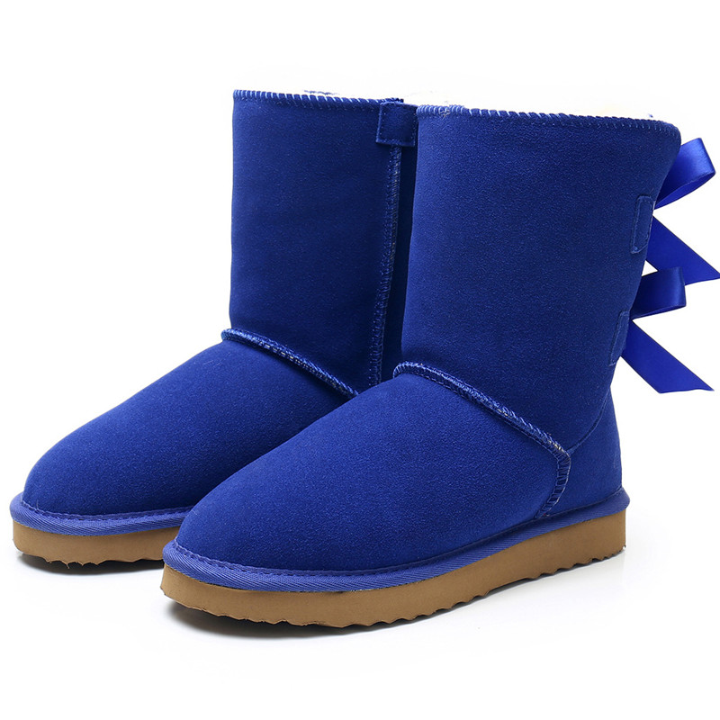 Dois bowknot couro genuíno 2025 botas de neve femininas botas de inverno quentes botas femininas sapatos de inverno quentes grossos sapatos planos de pelúcia