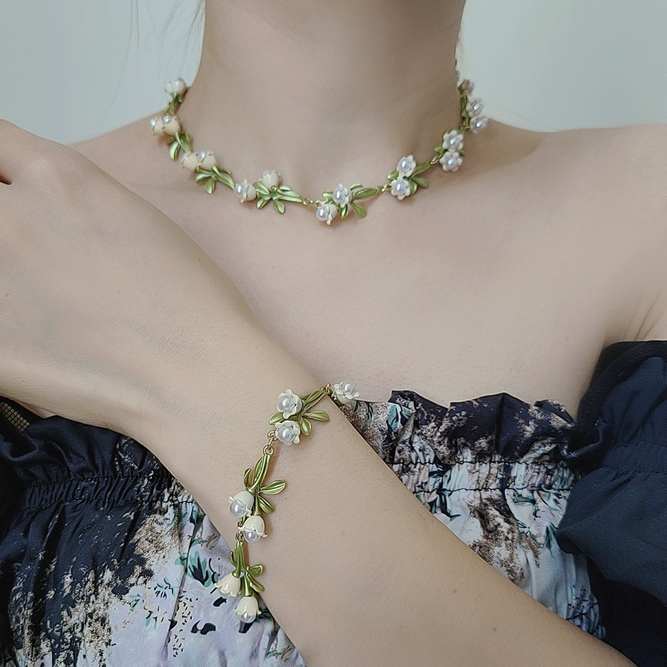 Lifefontier – collier ras du cou en forme de cloche pour femme, bijou élégant en forme d'orchidées, fleurs blanches, plante en émail vert, perle, cadeau de mariage