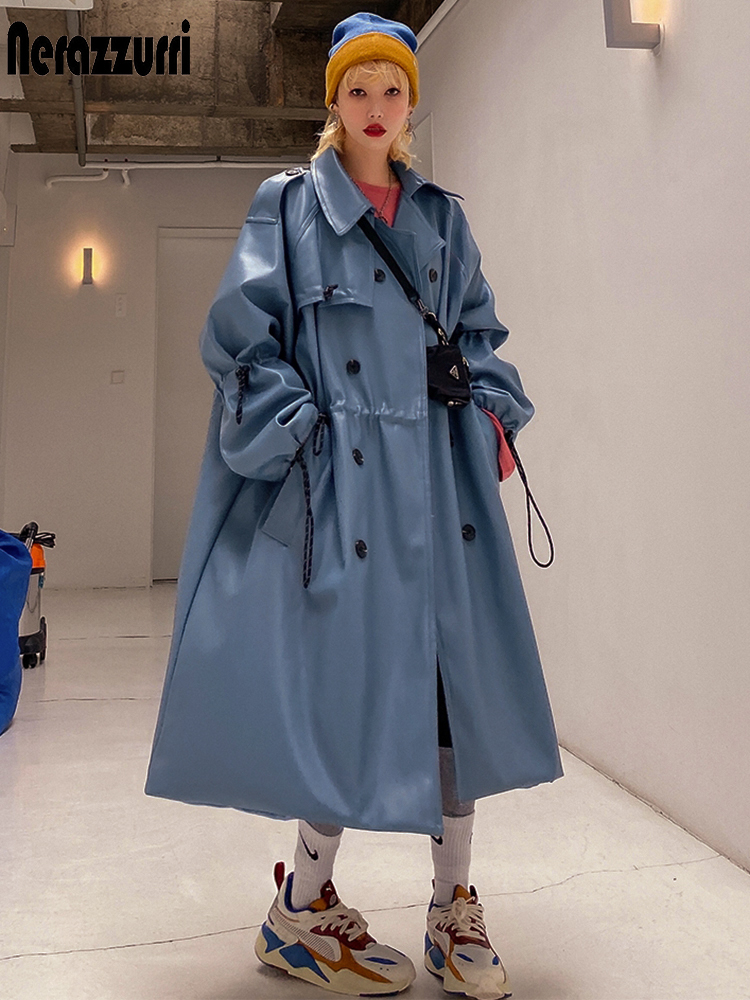 Nerazzurri-gabardina larga de cuero azul de gran tamaño para mujer, abrigo de manga raglán con cordón, impermeable, informal, holgado, Otoño, 2022