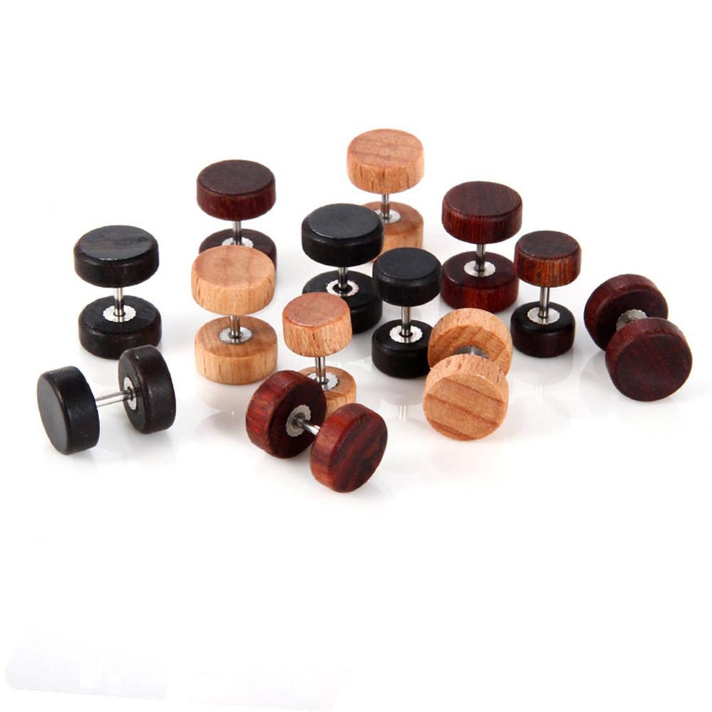 1 Par de Pendientes de Madera Natural de Moda para Mujer y Hombre, Aretes Redondos de Madera con Forma de Mancuerna, Estilo Punk