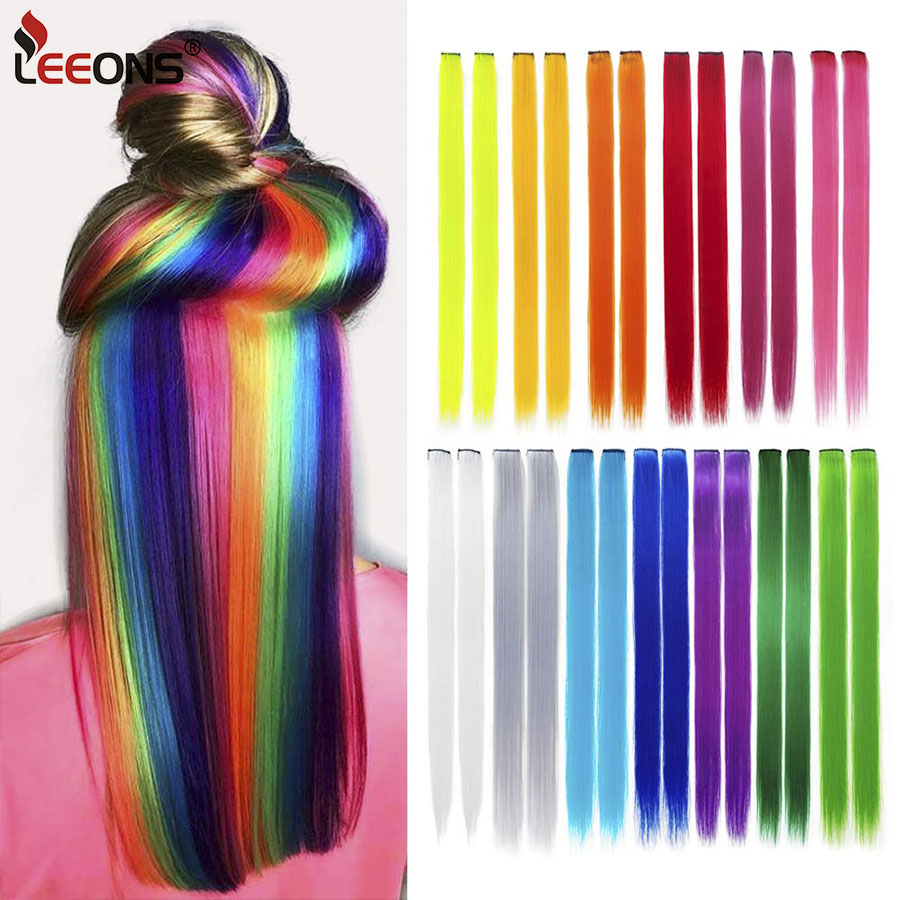 Clip sintético en una pieza, extensiones de cabello Raiinbow, piezas de cabello sintético liso de 18 ", pelo largo degradado, rosa, morado, rojo y azul