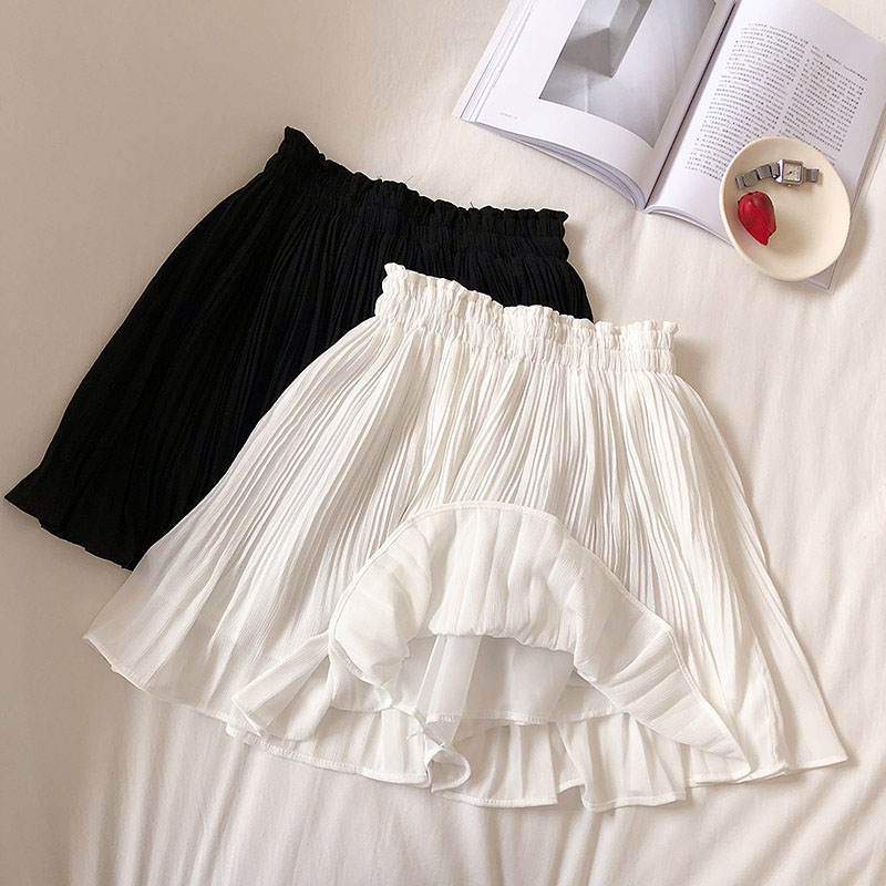 Zomerse korte rok van stevige chiffon voor dames, Koreaanse mode, elastische taille, geplooide minirok, casual strandrok