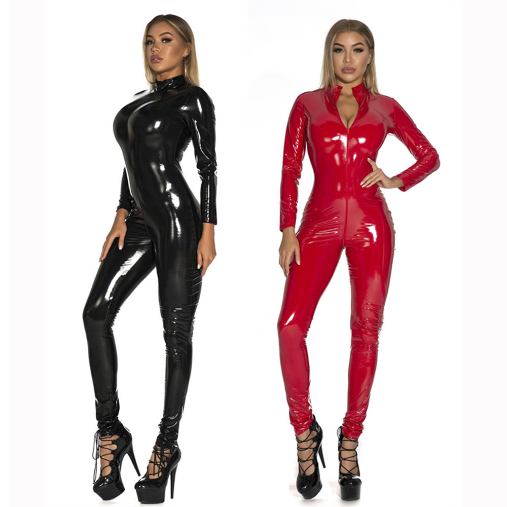 Mono Sexy de charol brillante para mujer, mono de PU con cremallera y entrepierna abierta, traje de aspecto húmedo para club nocturno, S-5XL