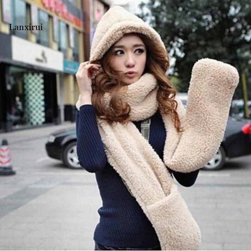 Neue Mode Mit Kapuze Schal Hut Handschuh Heißer Verkauf 3 Stück Sets Frauen Winter Warme Weiche Kapuze Schal Snood Tasche Hüte handschuhe