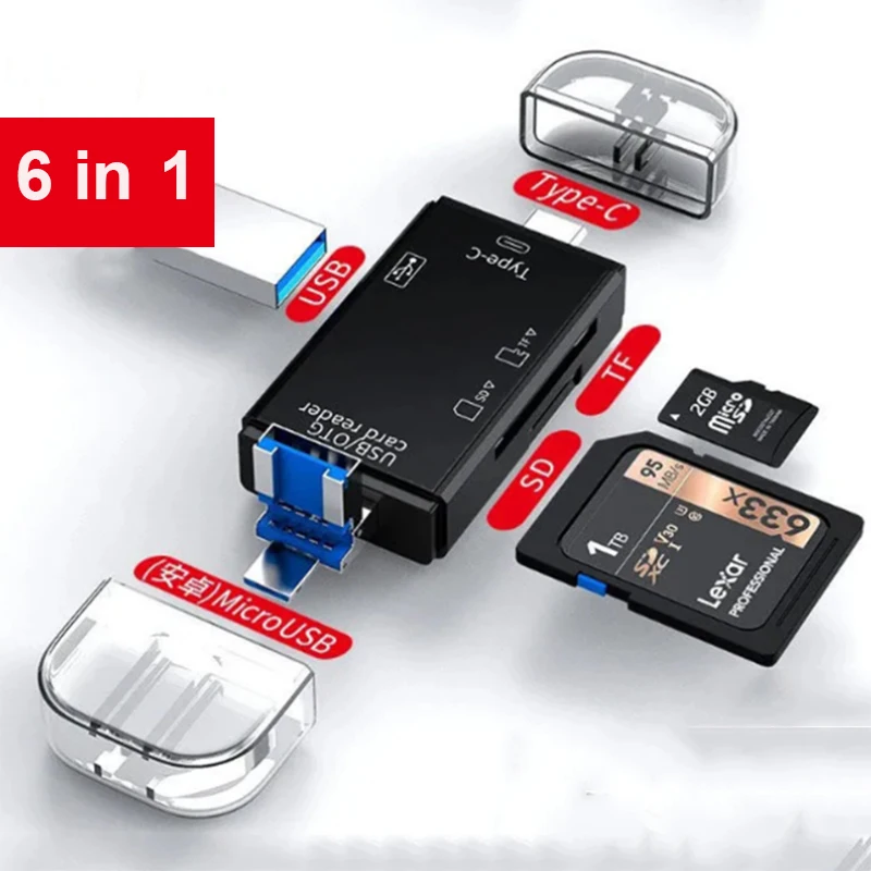 Leitor de cartão sd usb c leitor de cartão 6 em 1 usb 2.0 tf/mirco sd tipo leitor de cartão de memória inteligente c otg flash drive cardreader adaptador