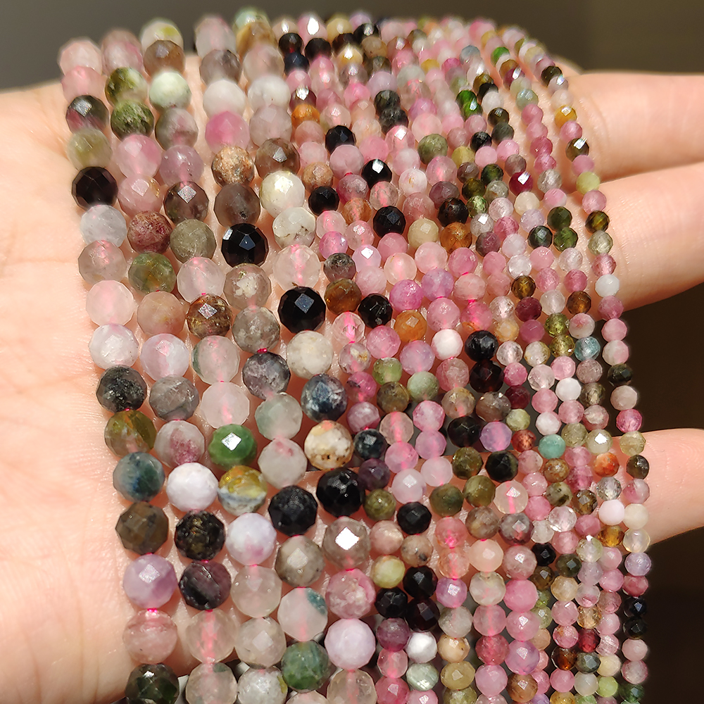 Turmalin Alami Manik-manik Longgar Mineral Segi untuk Membuat Perhiasan DIY Hadiah Natal Gelang 15 ''Kecil Batu Manik 2/3/4Mm