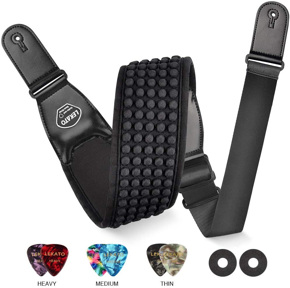 LEKATO-correa para guitarra eléctrica, accesorio con relleno de esponja 3D, de 3,5 pulgadas de ancho, ajustable con 6 púas y soporte para púas